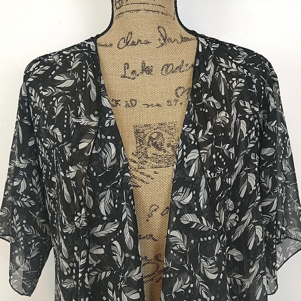 LuLaRoe Kimono Cardigan Womens S Black Feather Print Fringe Trim Sheer Boho